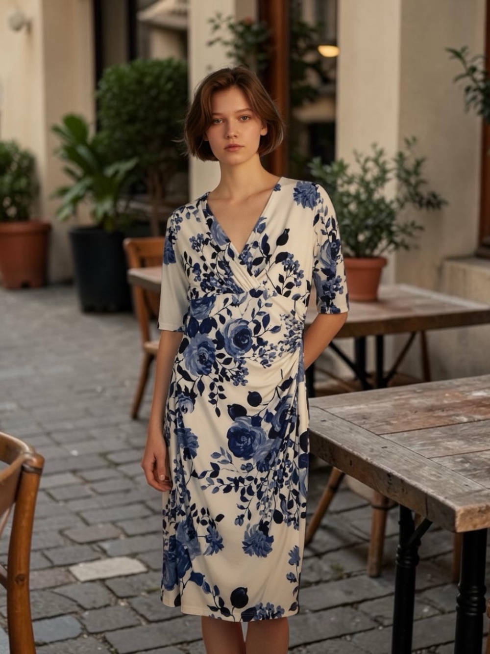 Ralph Lauren Cream Midi Dress with Blue Floral Print
